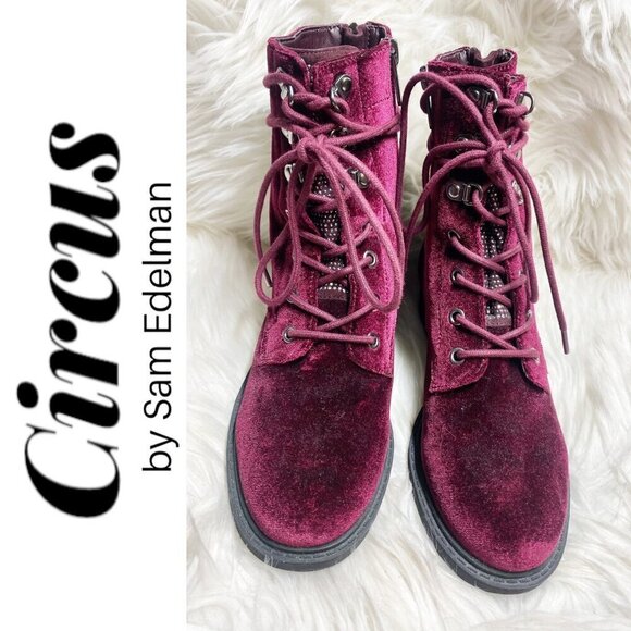 CIRCUS BY SAM EDELMAN Dawson Red Velvet Studded Combat Boot, Size 7 - Picture 14 of 14